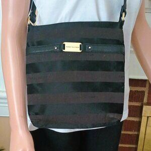 Women's Black Jacquard Hipster Bag Flat Crossbody with Faux Leather Trim Purse